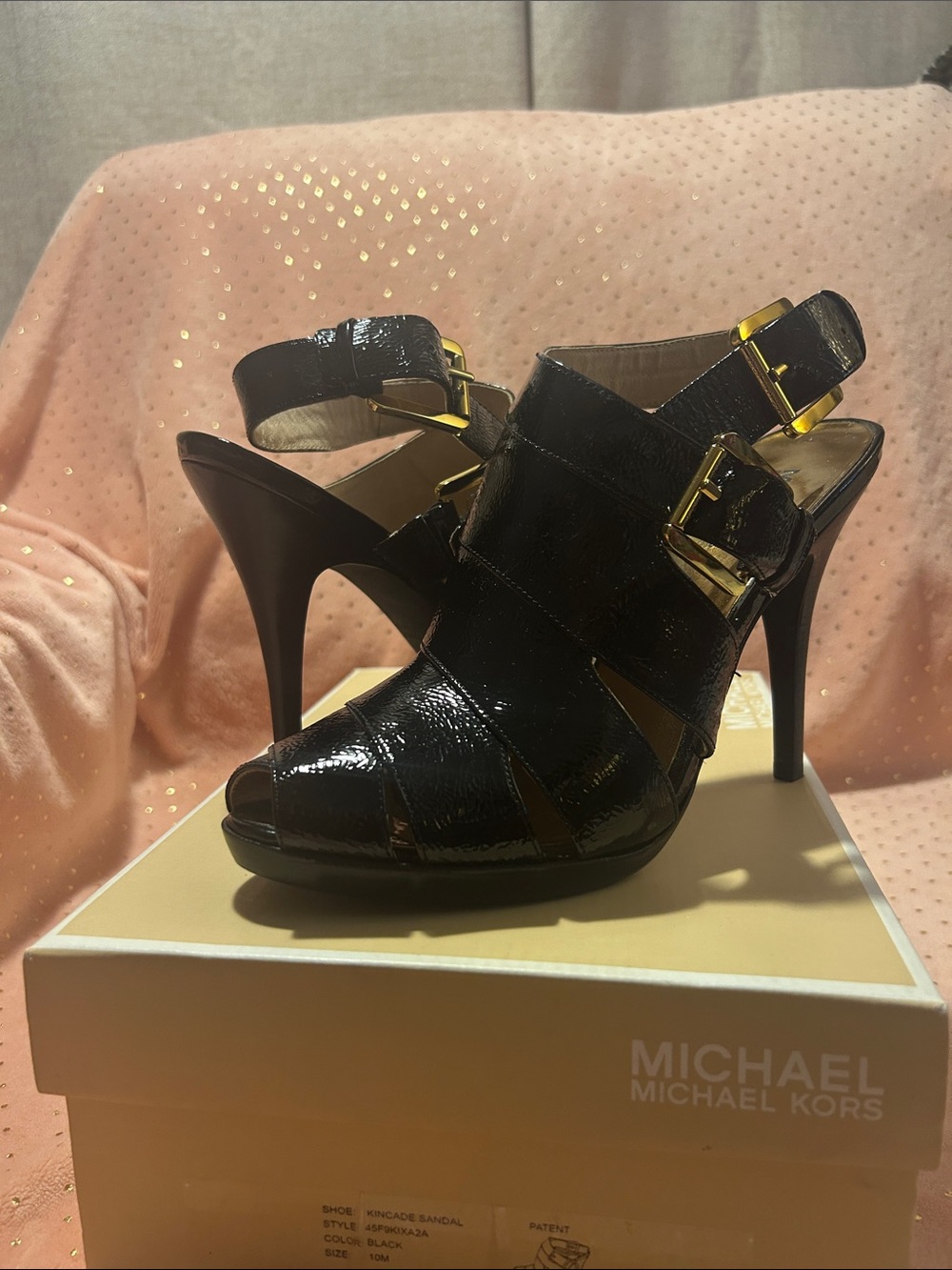 Michael Kors Black Patent Leather Peep-Toe Stiletto Sandals with Gold Buckles